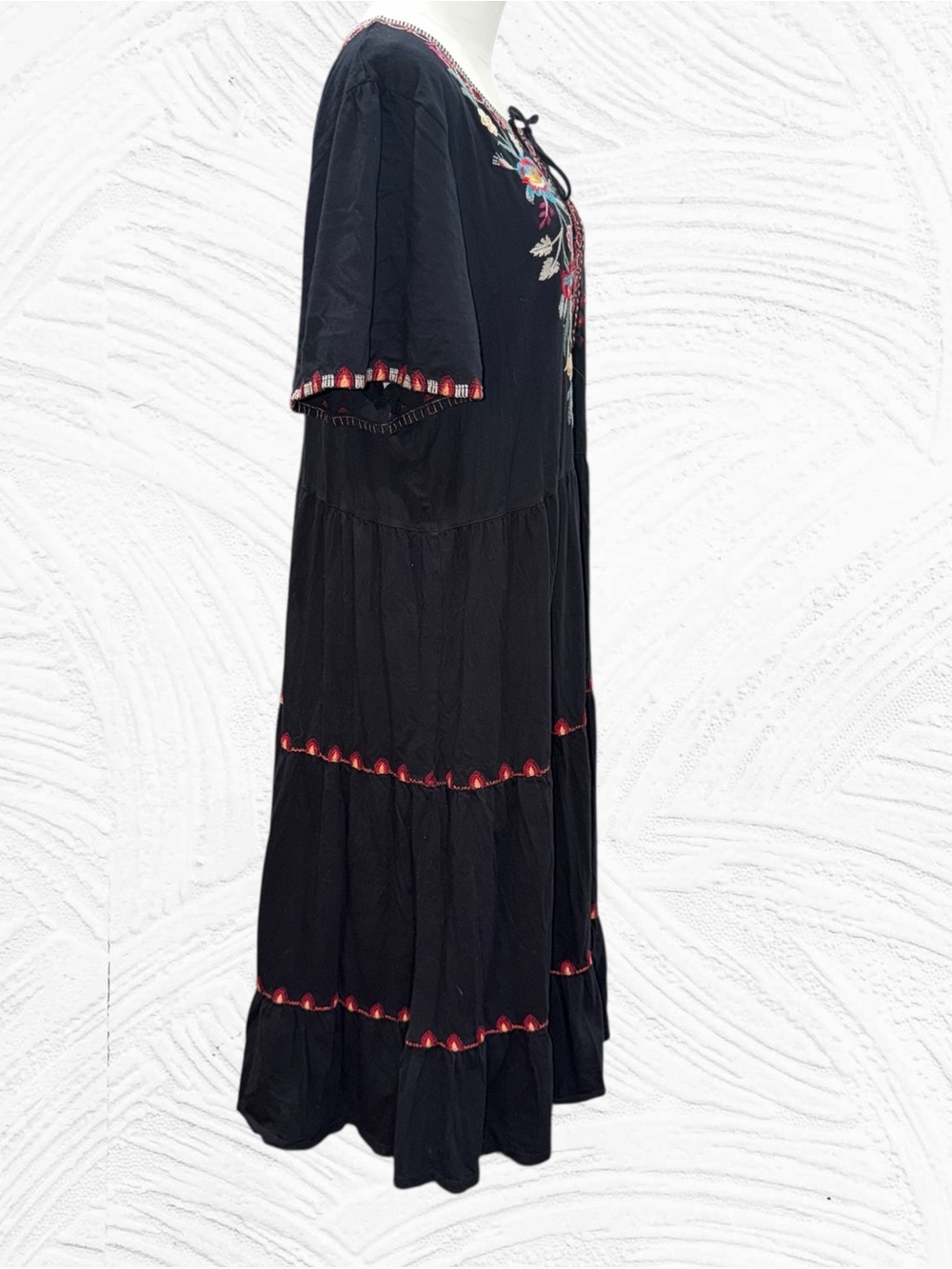 Johnny Was Black Embroidered Short Sleeve Tiered Dress with Pink & Blue Accents - Picture 3 of 10